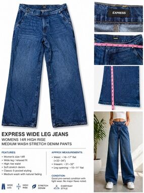 Express Wide Leg Jeans‎ Womens 14R High Rise Medium Wash Stretch Denim Pants